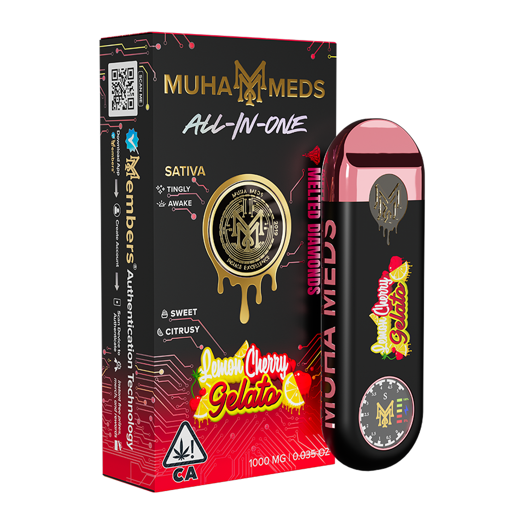 Lemon Cherry Gelato 1g melted diamonds disposable vape by Muha Meds, hybrid cannabis flavor, premium extract.