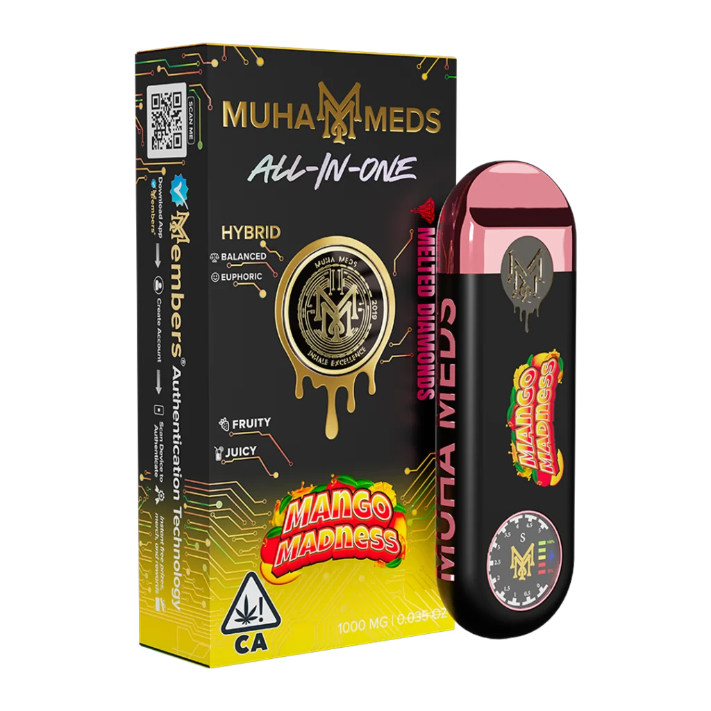 "Mango Madness 1g Melted Diamonds disposable vape – premium hybrid cannabis vape with smooth mango flavor and potent effects."