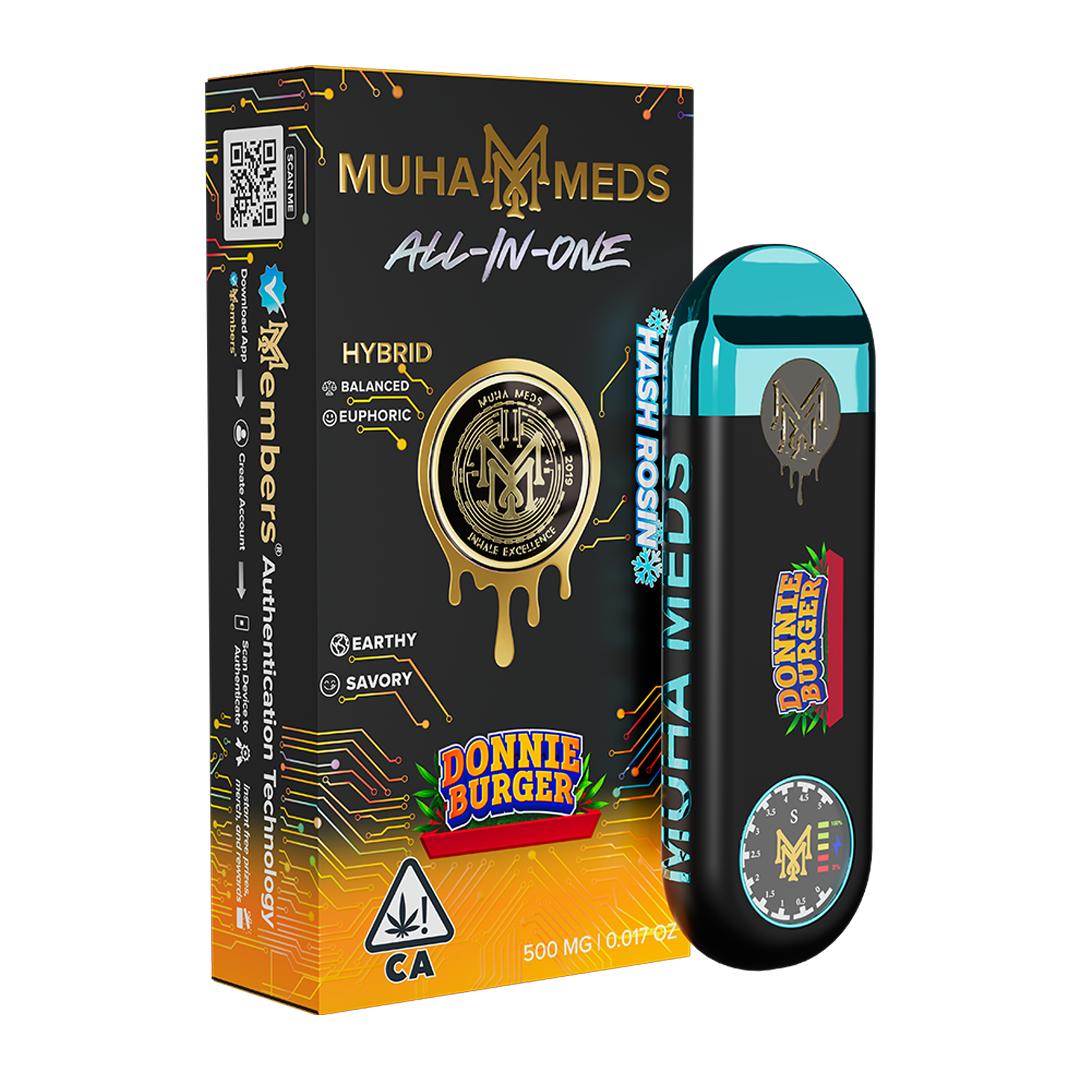 Donnie Burger 1g hash rosin disposable vape by Muha Meds. Premium hybrid hash rosin extract in a convenient all-in-one disposable vape. Smooth, flavorful, and high-quality cannabis experience.