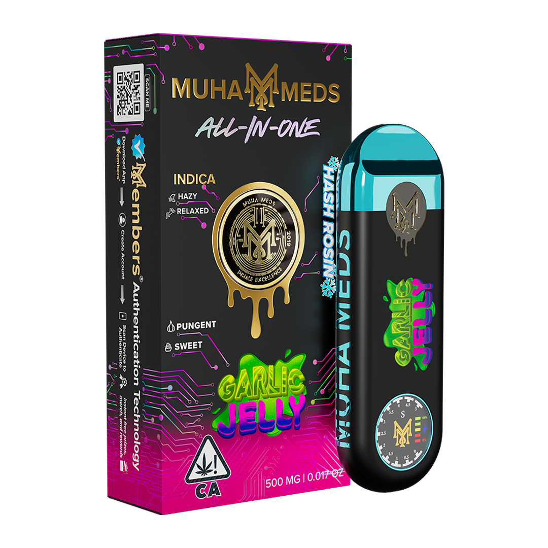 Garlic Jelly 1g hash rosin disposable vape by Muha Meds, premium hybrid cannabis extract for smooth, flavorful vaping experience.