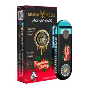 Tropicana Cherry Hash Rosin disposable vape by Muha Meds – 1g premium cannabis extract in a smooth, flavorful, and potent vape cartridge. Perfect for on-the-go use and superior effects.