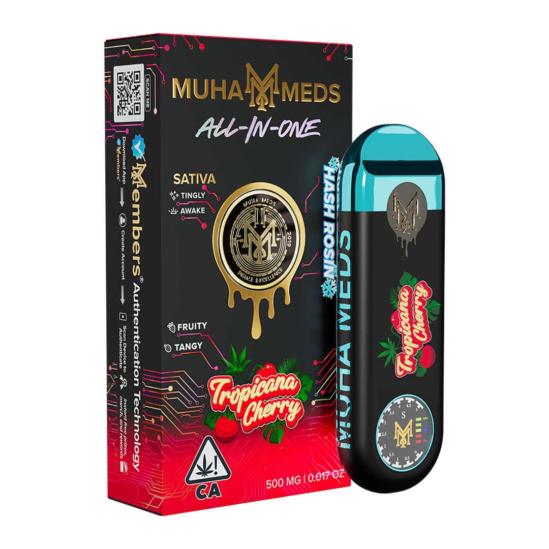 Tropicana Cherry Hash Rosin disposable vape by Muha Meds – 1g premium cannabis extract in a smooth, flavorful, and potent vape cartridge. Perfect for on-the-go use and superior effects.