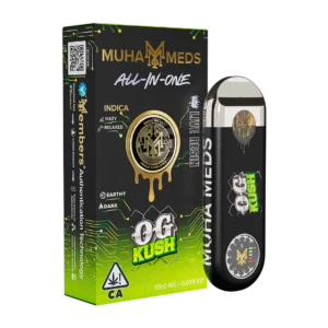 OG Kush disposable vape featuring a classic indica strain known for earthy pine flavors, potent THC effects, and smooth vapor in a ready-to-use disposable device.