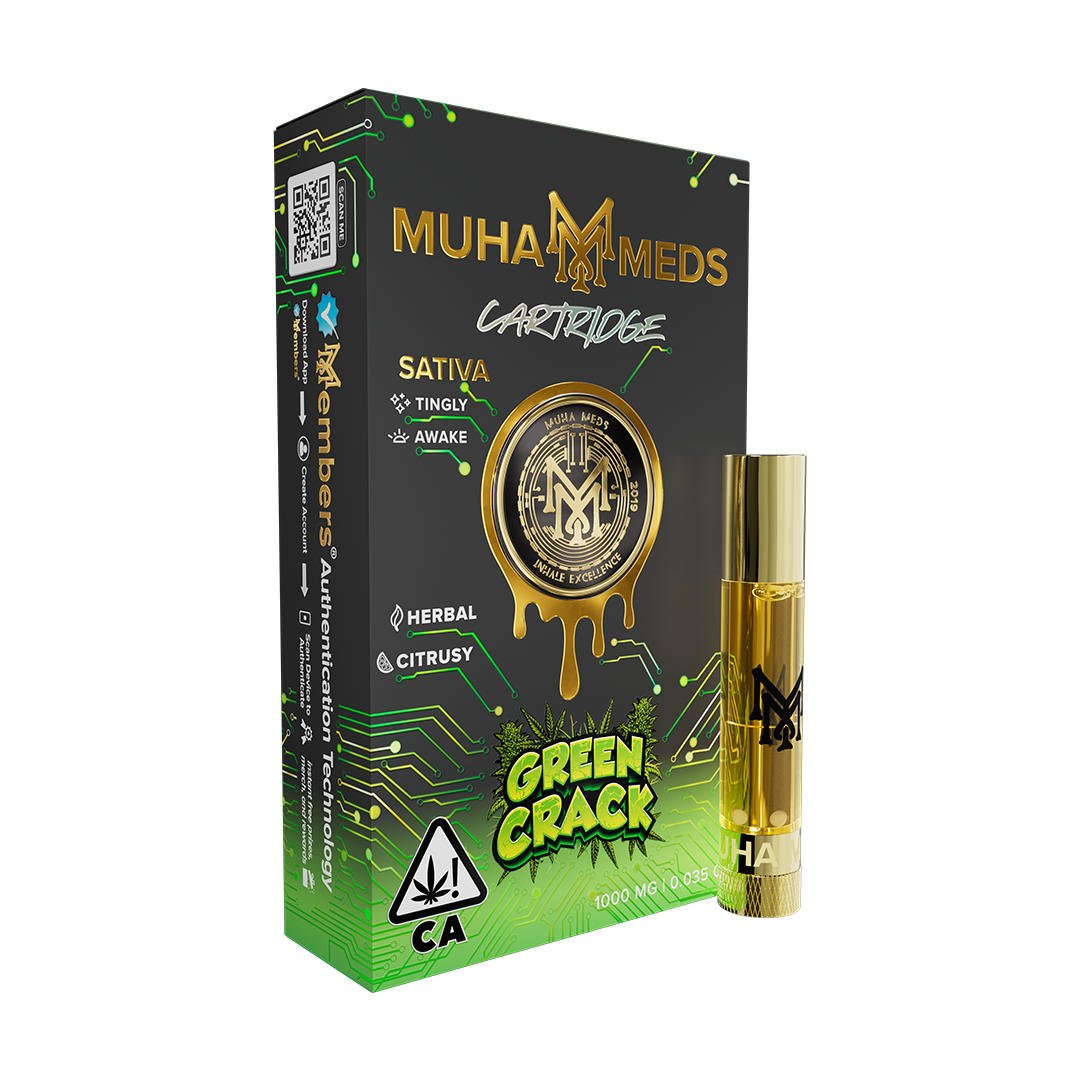 Green Crack sativa vape cartridge featuring a fresh citrus aroma, potent THC oil, and smooth hits designed for uplifting energy, mental clarity, and daytime use.