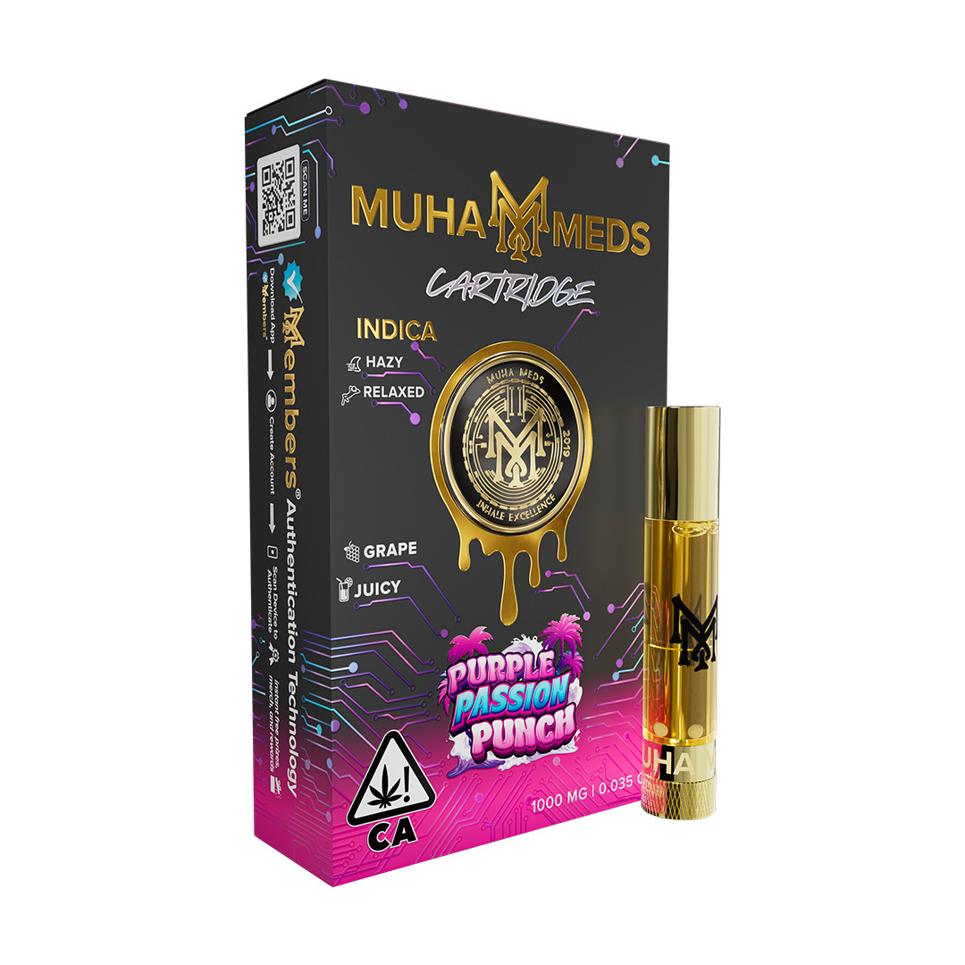 Purple Passion Punch 1g sativa disposable vape cart from Muha Meds. Enjoy smooth, flavorful, and potent cannabis experience with this premium distillate cart. Perfect for on-the-go vaping.