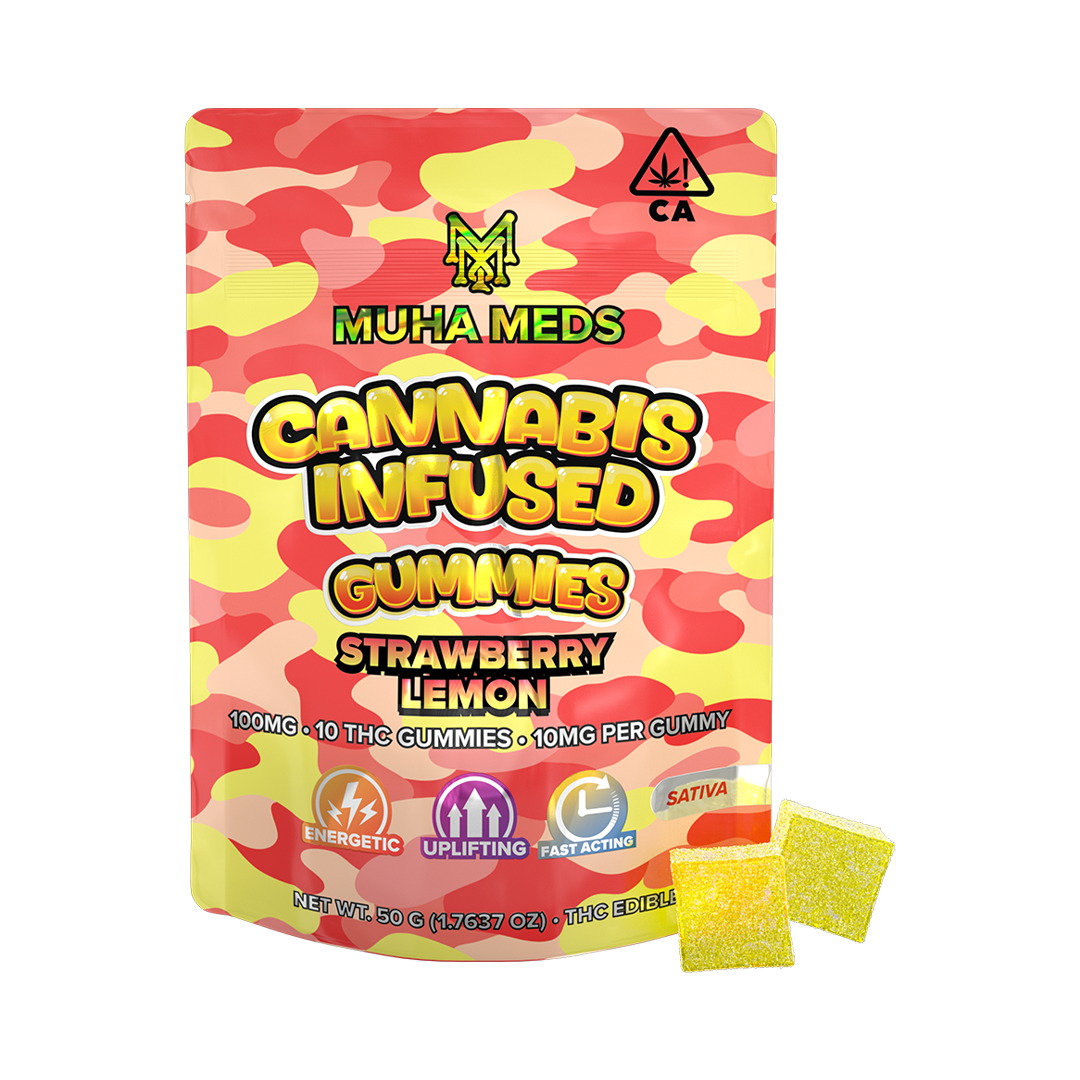 Strawberry Lemon Gummies cannabis-infused edibles featuring sweet strawberry and tangy lemon flavor in soft chew form