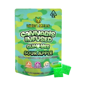 Sour Apple cannabis-infused gummies featuring a tangy green apple flavor and soft chewy texture