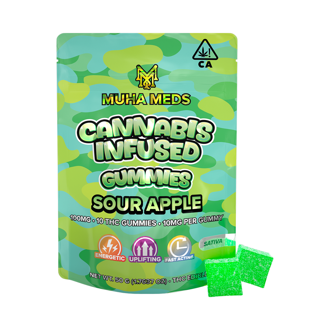 Sour Apple cannabis-infused gummies featuring a tangy green apple flavor and soft chewy texture