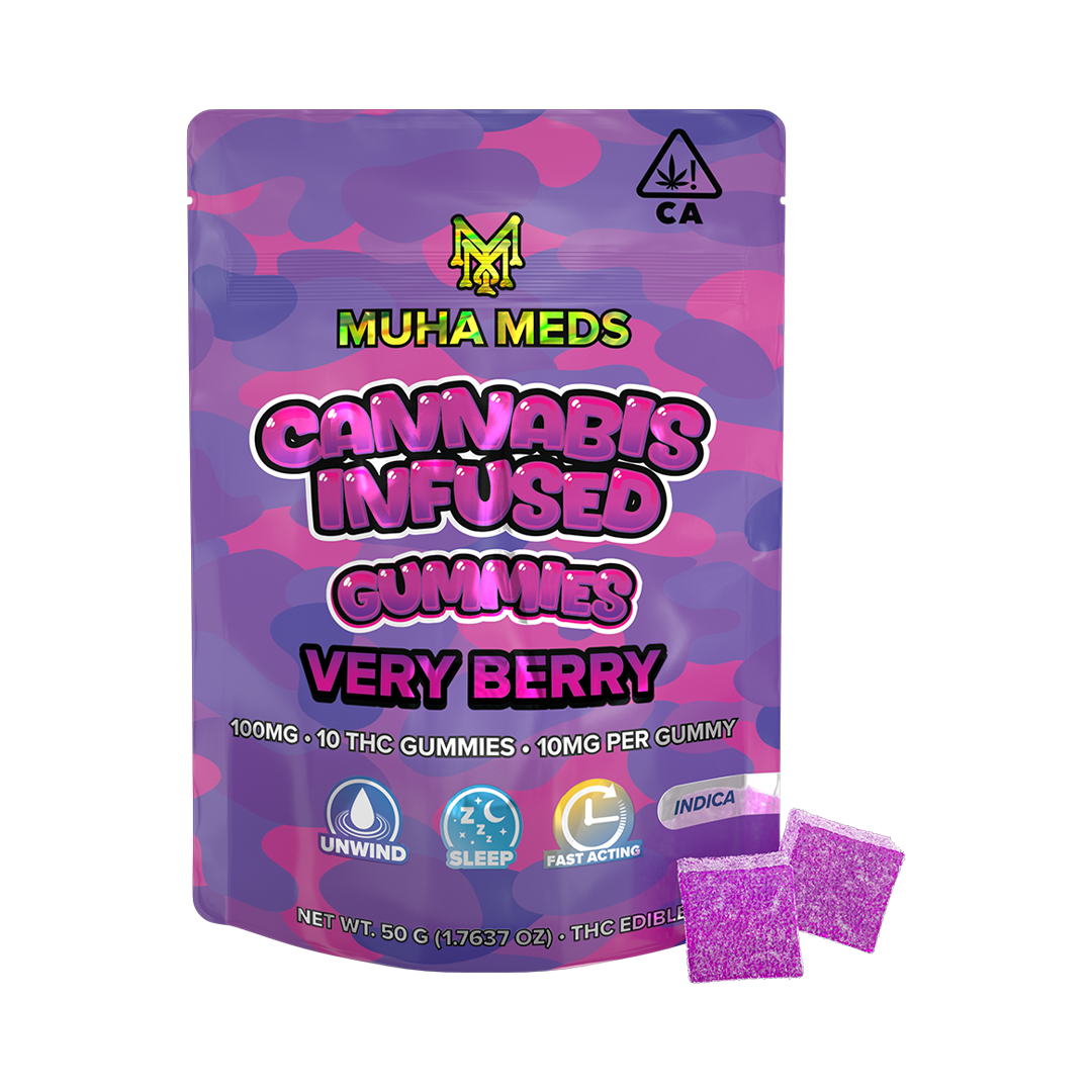 Muha Meds Very Berry gummies showcasing vibrant berry-flavored infused edibles with a soft chewy bite